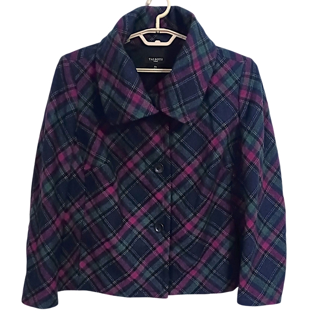 Talbots Plaid Wool Blend Jacket 18W Pea Coat Pocket Swing Lined Oversized Collar - Picture 7 of 16